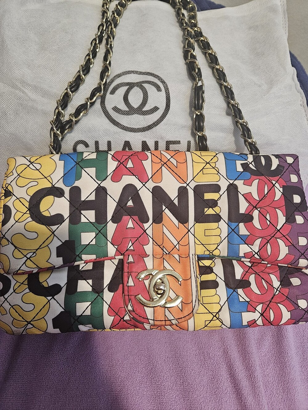 CHANEL Rainbow Logo Quilted Shoulder Bag with Gold Chain
